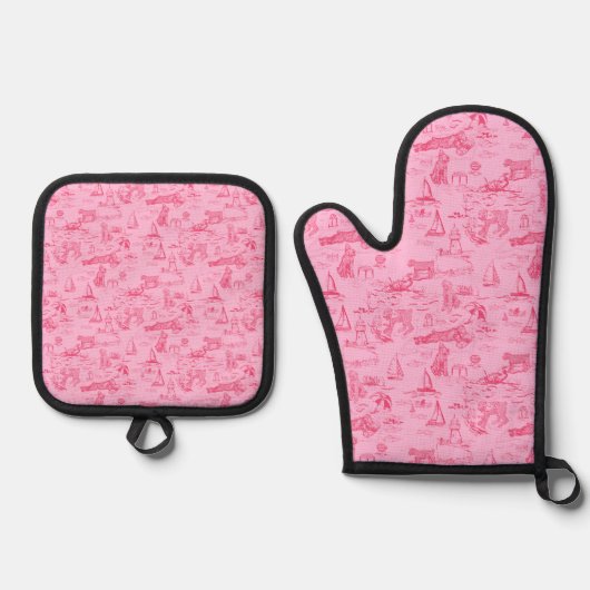 Zeehond Roze Toile  Ovenwant & Pannenlap Set (Voorkant)