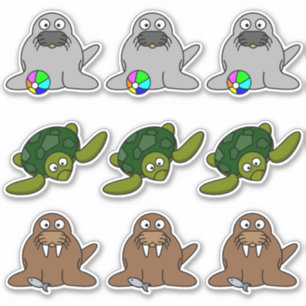 Zeehond, Schildpad, Walrus Waterdieren Cartoons Gr Sticker