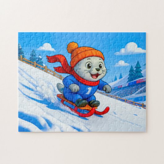 Zeehond sleeën op een besneeuwde berghelling legpuzzel (Horizontaal)
