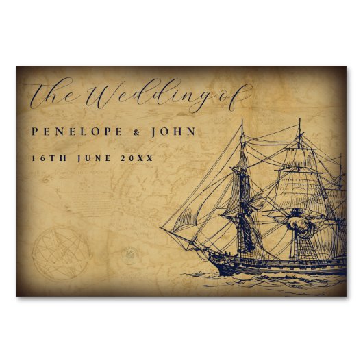 Zeekaart met schets van een schip Bruiloft Kaart (Achterkant)