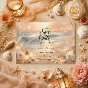 Zeekust Glans en Zonsondergang Dromen Bruiloft Save The Date