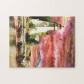 Zeekust vuurtoren op zonsondergang, puzzle legpuzzel