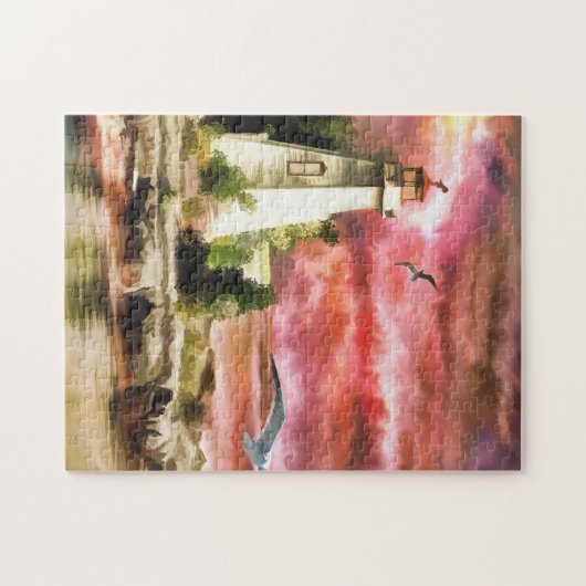 Zeekust vuurtoren op zonsondergang, puzzle legpuzzel (Horizontaal)