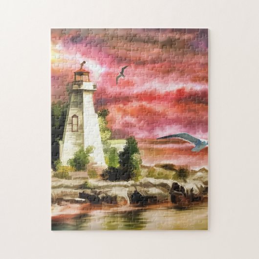 Zeekust vuurtoren op zonsondergang, puzzle legpuzzel