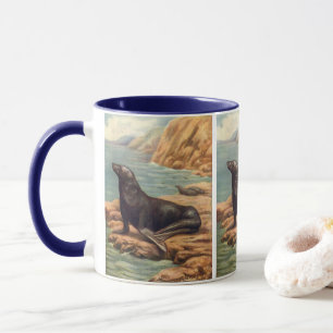 Zeeleeuw aan de kust, Vintage zeezoogdieren Mok