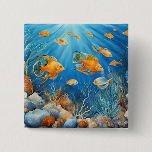 Zeeleven met Exotische Vissen Vierkante Button 5,1 Cm
