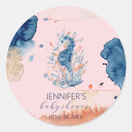 zeeleven | Seahorse Baby shower Bedankt Favor Ronde Sticker (Voorkant)