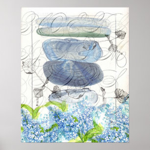 Zeeluilen Blauwe Lilacs Waterverf Flowers Collage Poster