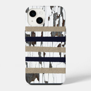 Zeemacht / beige / witte strepen over hout met pel iPhone 14 hoesje
