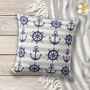 Zeemacht blauw Anchor Boat Wheel grijs Stripe Naut Buitenkussen