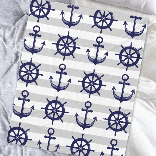 Zeemacht blauw Anchor Boat Wheel grijs Stripe Naut Fleece Deken