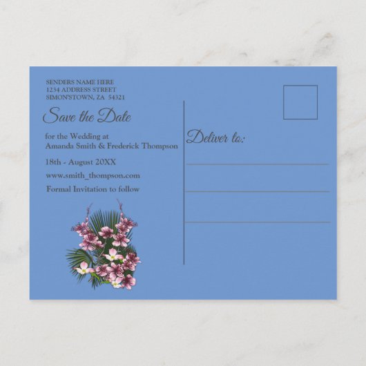 Zeemacht - Blauw getextureerd en roze bloemen Bewa Aankondigingskaart (Achterkant)