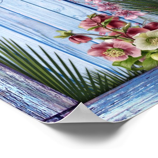 Zeemacht - Blauw getextureerde en roze bloemen Poster (Hoek)