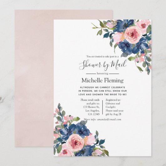 Zeemacht & Blush Floral Bridal of Baby shower per  Kaart (Voorkant / Achterkant)