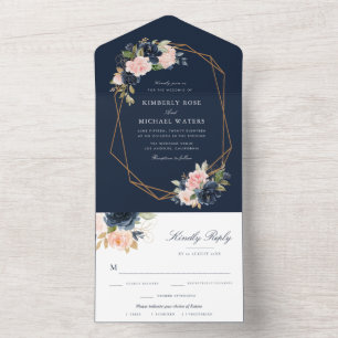 Zeemacht en bloemen geometrische bruiloft all in one uitnodiging