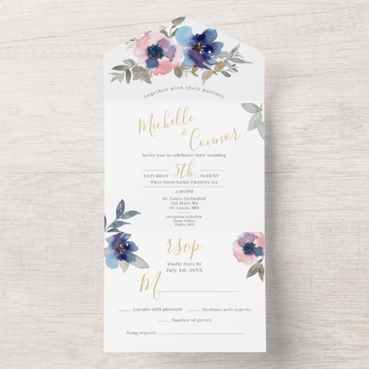 Zeemacht en bloesmeel in één bruiloft all in one uitnodiging (Binnen)