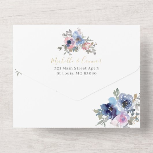 Zeemacht en bloesmeel in één bruiloft all in one uitnodiging (Achterkant)