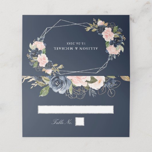 Zeemacht en bloesse zilveren geometrische bruiloft plaatskaartje (Buitenkant ongevouwen)