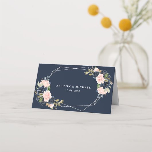 Zeemacht en bloesse zilveren geometrische bruiloft plaatskaartje (Achterkant)