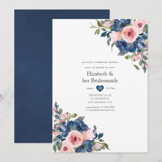Zeemacht en Blush Floral Bridesmaids Luncheon Kaart (Voorkant / Achterkant)