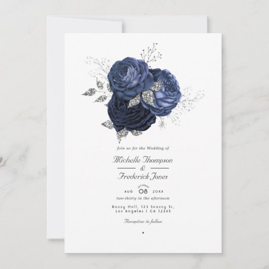 Zeemacht en faux Glitter Silver Floral QR Code Wed Kaart (Voorkant)