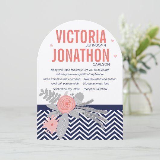 Zeemacht en koraal Zigzag Chevron Floral Wedding Kaart (Staand voorkant)
