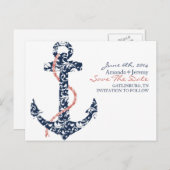 Zeemacht en koraalankerstrand bewaren de datum aankondigingskaart (Voorkant / Achterkant)