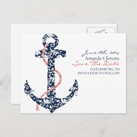 Zeemacht en koraalankerstrand bewaren de datum aankondigingskaart (Voorkant / Achterkant)