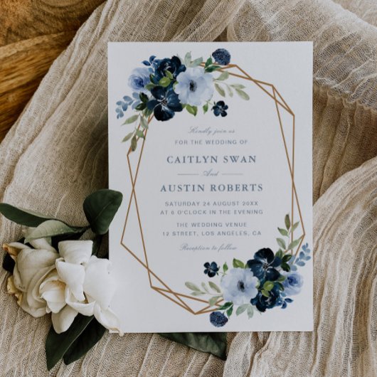 Zeemacht en lichtblauw bloemig geometrisch huwelij kaart