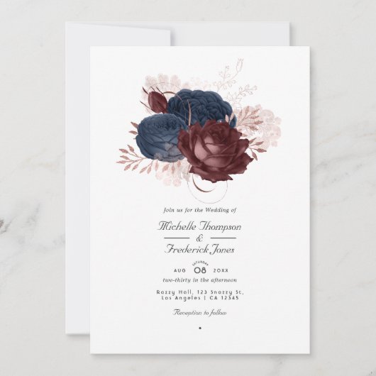  zeemacht en maroon Floral QR-code RSVP bruiloft Kaart (Voorkant)