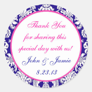Zeemacht en roze Damask Round Wedding Sticker Labe