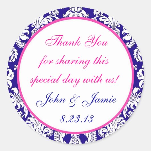 Zeemacht en roze Damask Round Wedding Sticker Labe (Voorkant)