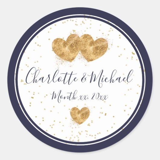 Zeemacht en wit, Elegant Golden Hearts Wedding Ronde Sticker (Voorkant)