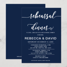 Zeemacht en wit Elegant Script Rehearsal Dinner Kaart