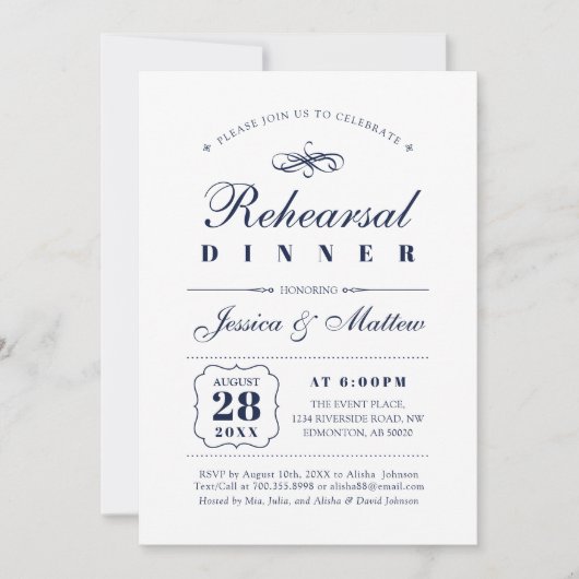 Zeemacht en wit | Elegant Wedding Rehearsal Dinner Kaart (Voorkant)