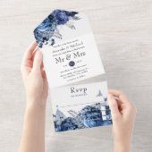 Zeemacht en wit met Silver Faux Folie Wedding All In One Uitnodiging (Afscheurbaar)