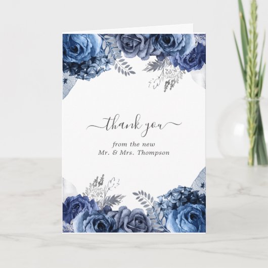 Zeemacht en wit met Silver Foil Floral Wedding Bedankkaart (Voorkant)