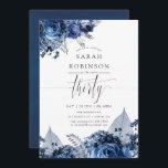 Zeemacht en wit met zilver Foil 30th Birthday Kaart<br><div class="desc">De 30e verjaardag van de marine en witte bloemen nodigt uit met accenten van zilveren folie die worden ontworpen om snel en gemakkelijk aan uw manifestatistieken worden aangepast.</div>