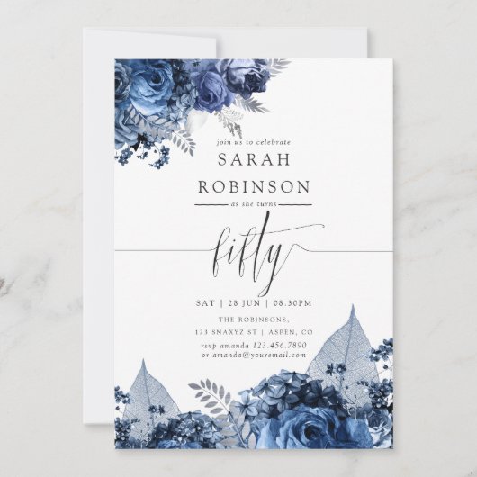 Zeemacht en wit met zilver Foil 50th Birthday Kaart (Voorkant)