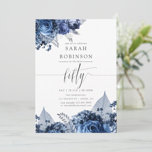 Zeemacht en wit met zilver Foil 50th Birthday Kaart (Staand voorkant)