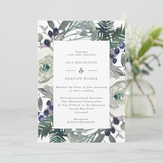 Zeemacht en witte bloemen en winterweddenschappen kaart (Staand voorkant)