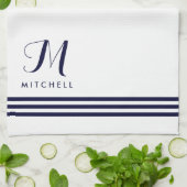 Zeemacht en witte gesofistikeerde strips en monogr theedoek (Gevouwen)