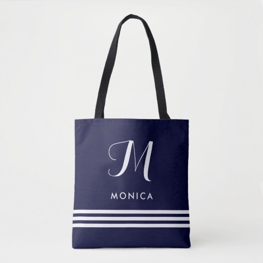 Zeemacht en witte gesofistikeerde strips en monogr tote bag (Voorkant)