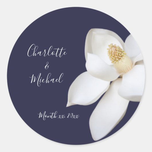 Zeemacht en witte Magnolia Elegant Wedding Ronde Sticker (Voorkant)