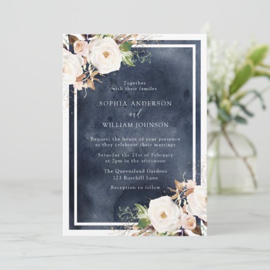 Zeemacht en witte Waterverf Bloemen Elegant Weddin Kaart (Staand voorkant)