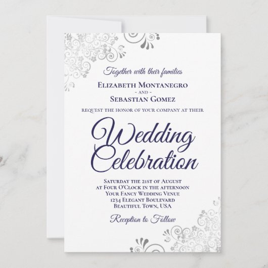 Zeemacht en zilver op witachtige QR-code bruiloft Kaart (Voorkant)