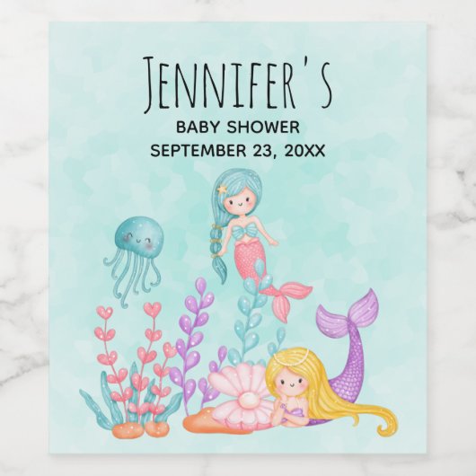 Zeemachtigen en kwallen onder de Waterverf van de  Wijn Etiket (Enkel label)