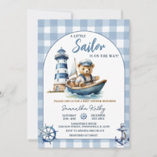 Zeeman Beer Blauwe Gingham Baby Shower Uitnodiging