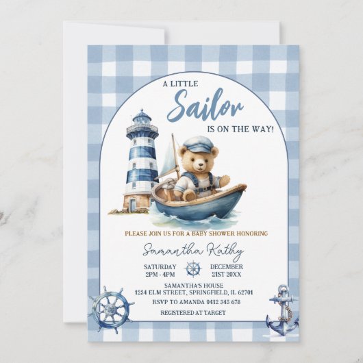 Zeeman Beer Blauwe Gingham Baby Shower Uitnodiging (Voorkant)