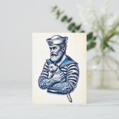 Zeeman die een kat op zijn arm houdt briefkaart (Staand voorkant)